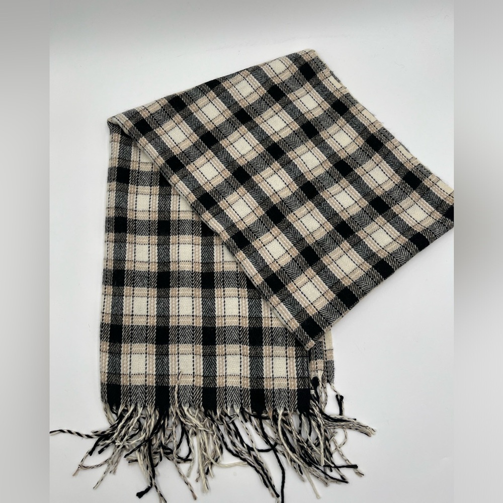 Pretty Persuasions Plaid Fringe Scarf Black Cream Oversized